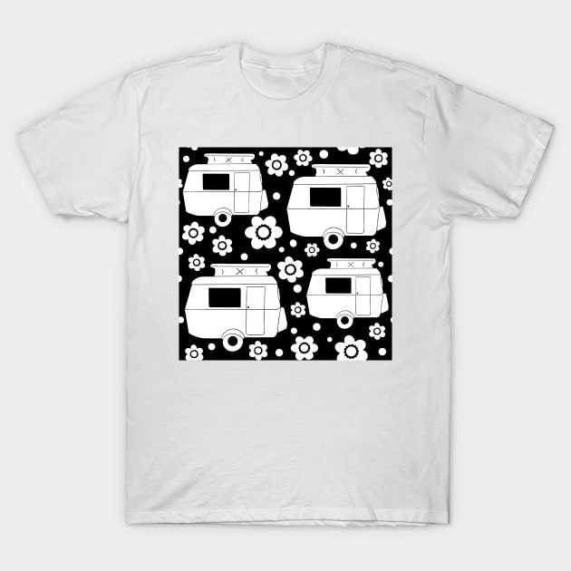 Daisy Polka Dot Vintage Caravan Pattern in Black and White T-Shirt by NattyDesigns